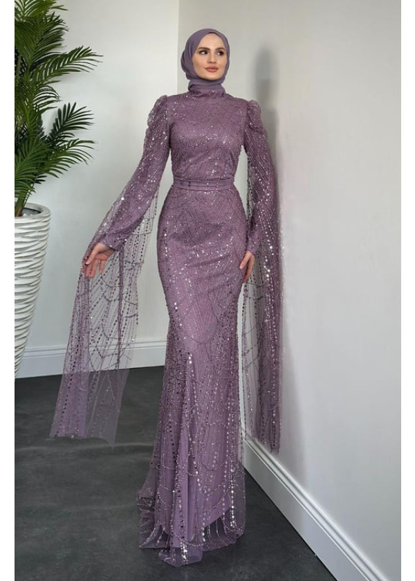 Buruella Pelerinli Taş İşlemeli Balık Model Abiye LİLA