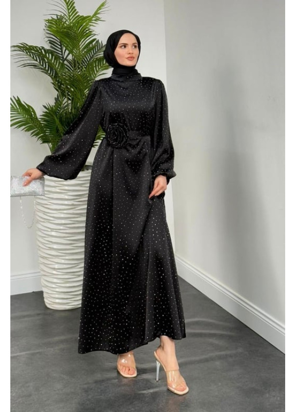 Margherita Taşlı Balon Kol Abiye Siyah