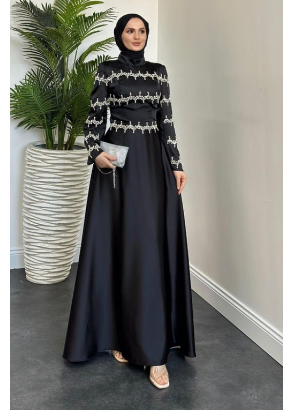 Onsra Taşlı Abiye Siyah