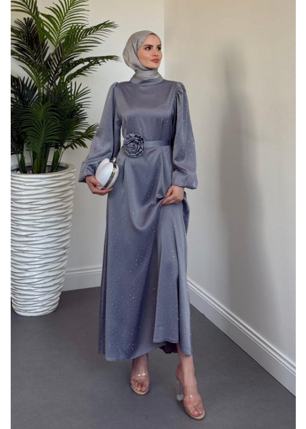 Margherita Taşlı Balon Kol Abiye Gri