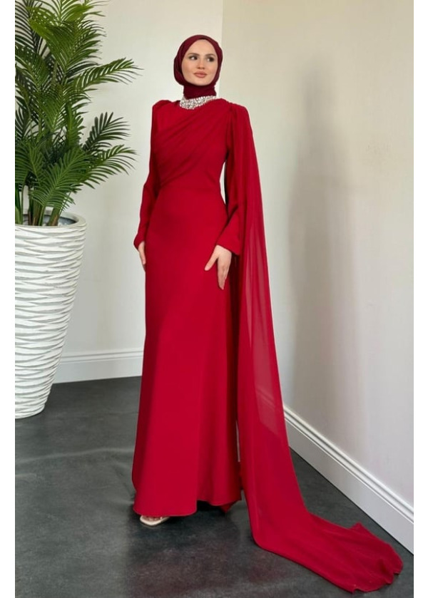 Olara Yandan Pelerinli Abiye Kırmızı
