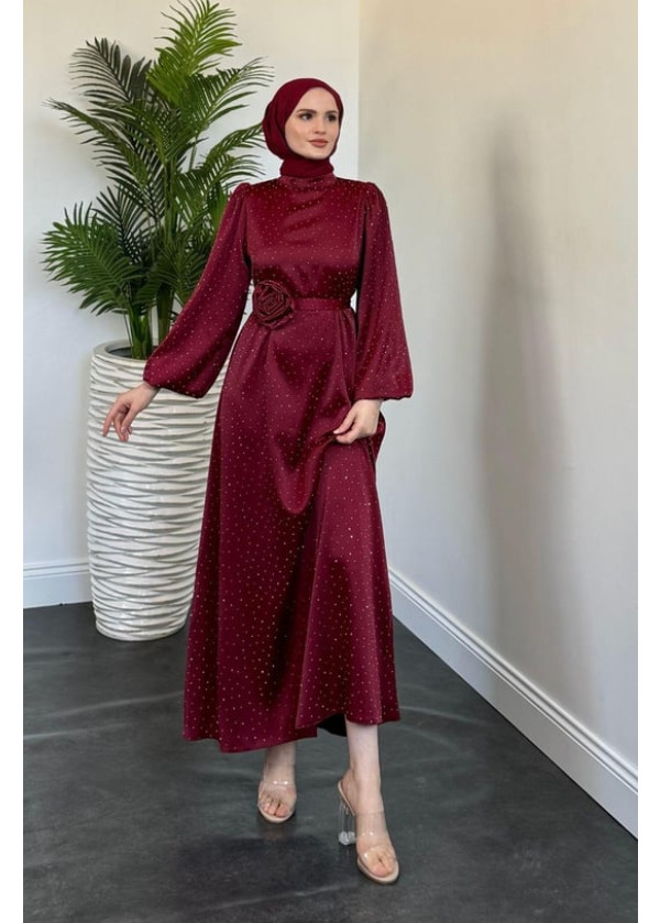 Margherita Taşlı Balon Kol Abiye Vişne Çürüğü