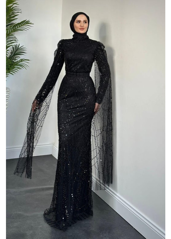 Buruella Pelerinli Taş İşlemeli Balık Model Abiye Siyah