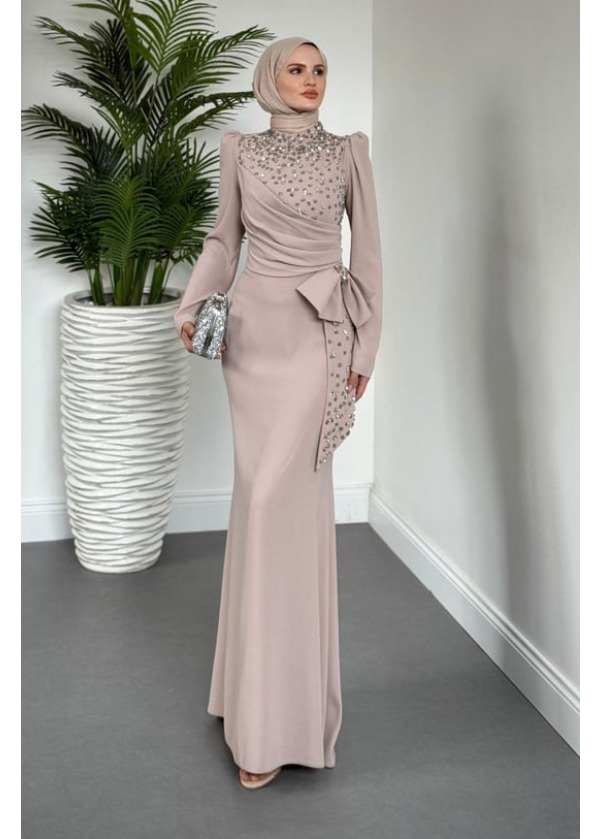 Lalissa Yandan Fiyonklu Taşlı Krep Abiye Vizon