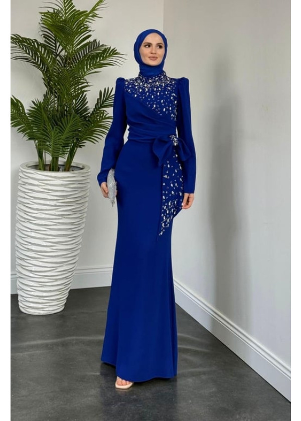 Lalissa Yandan Fiyonklu Taşlı Krep Abiye Saks