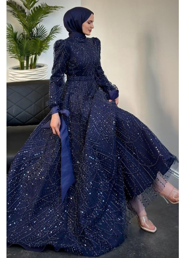 Victoria Kolu Fiyonk Boncuk İşlemeli Abiye Lacivert