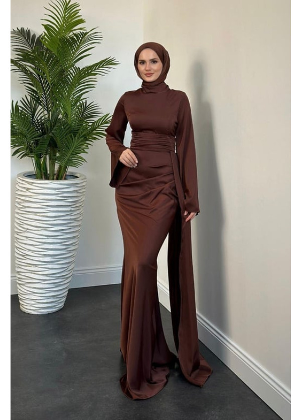 Arabella Pelerinli Saten Balık Abiye Kahverengi