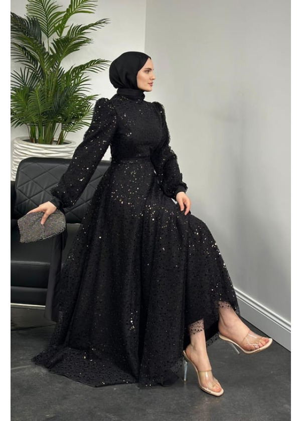 Hilly Kolları Fiyonk Saten Abiye Siyah