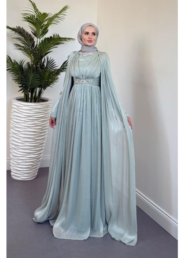 Solea Kolları Pelerinli Taşlı Abiye Mint