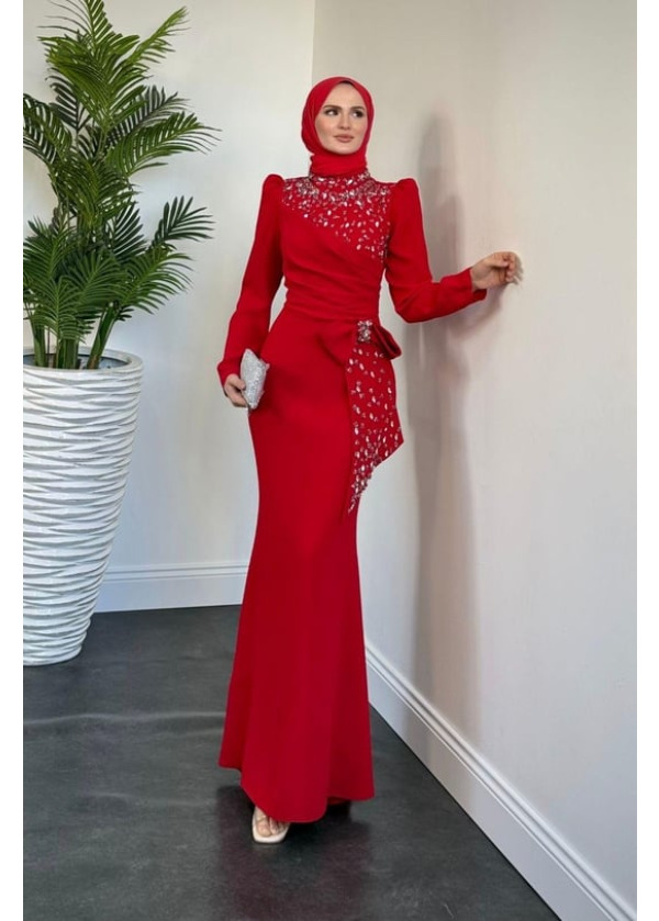 Lalissa Yandan Fiyonklu Taşlı Krep Abiye Kırmızı
