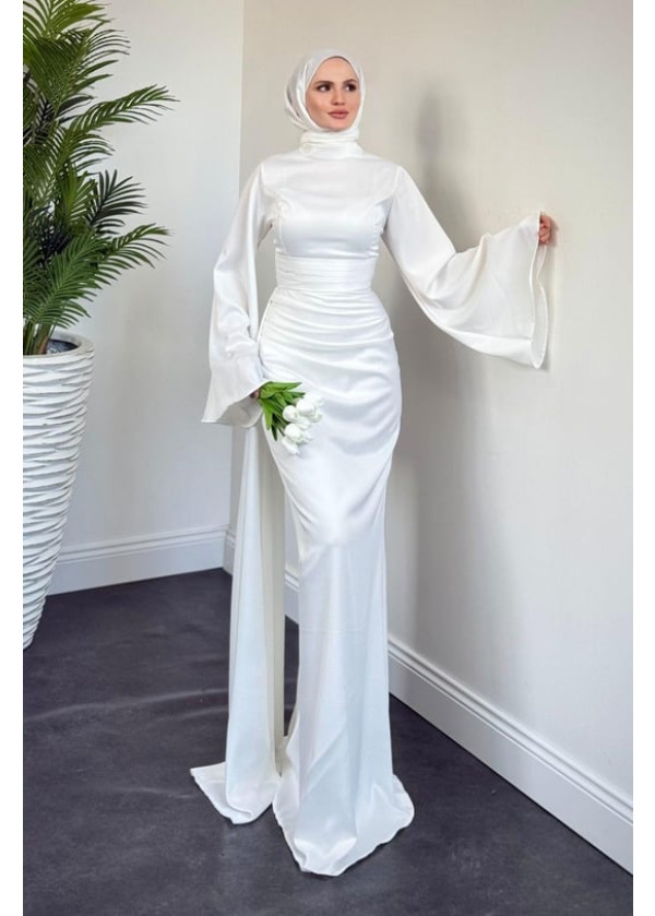 Arabella Pelerinli Saten Balık Abiye Beyaz