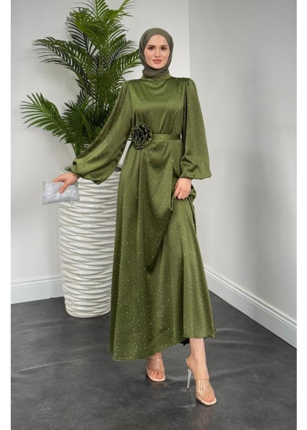 Margherita Taşlı Balon Kol Abiye Haki