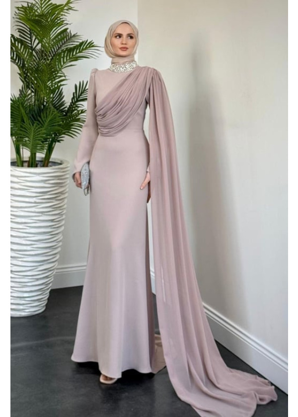 Olara Yandan Pelerinli Abiye Bej