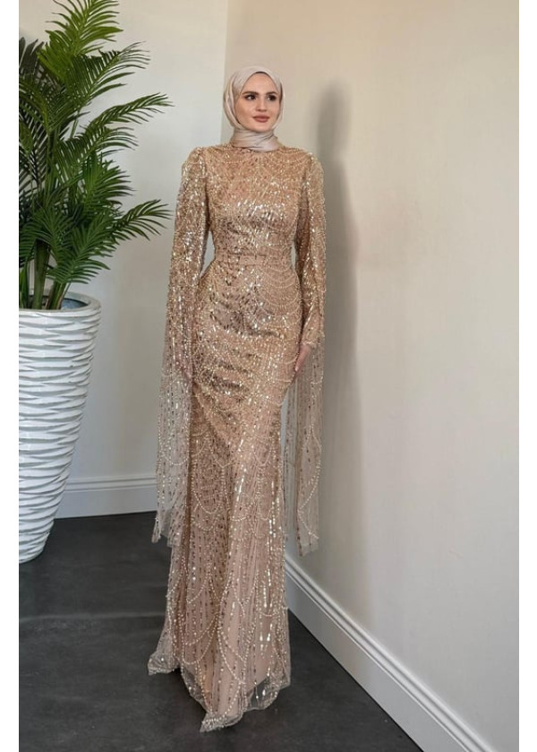 Buruella Pelerinli Taş İşlemeli Balık Model Abiye Gold