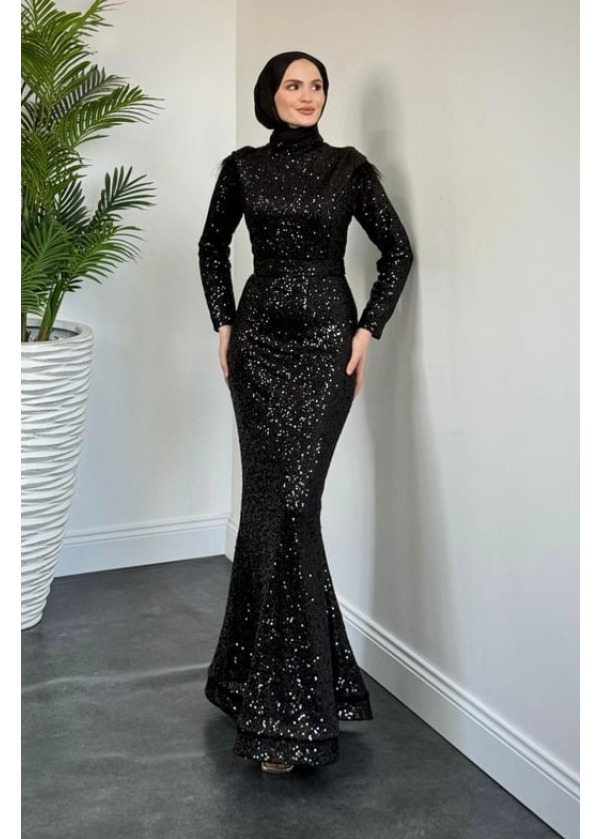 Lalin Payetli Balık Abiye Siyah