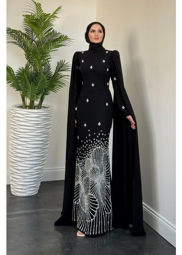 Farah Kolları Pelerinli Abiye Siyah