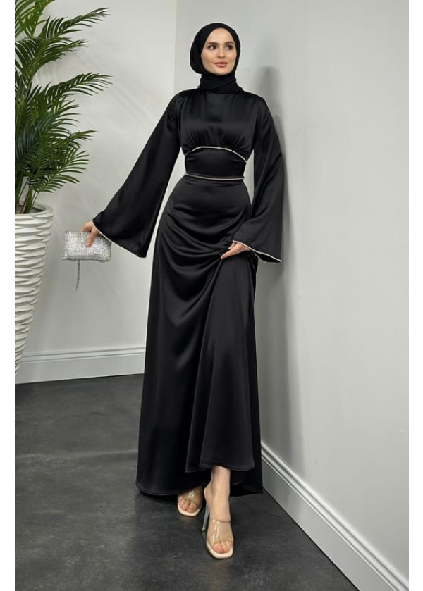 Vlasi Kolu Ve Beli Baget Taşlı Saten Abiye Siyah