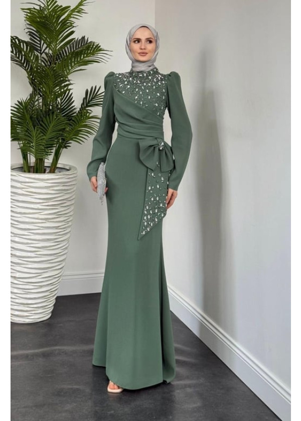 Lalissa Yandan Fiyonklu Taşlı Krep Abiye Mint