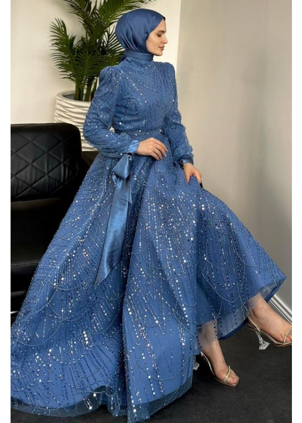 Vittoria Kolu Fiyonk Boncuk İşlemeli Abiye İndigo