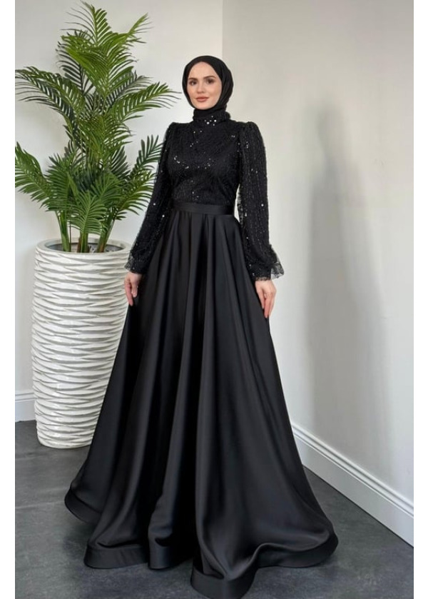 Elena Üstü Payetli Saten Abiye Siyah