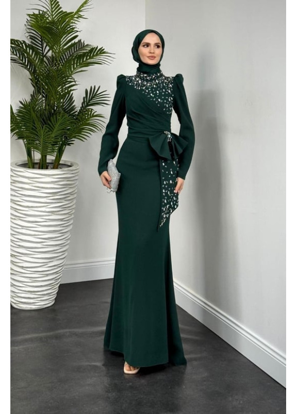 Lalissa Yandan Fiyonklu Taşlı Krep Abiye Zümrüt