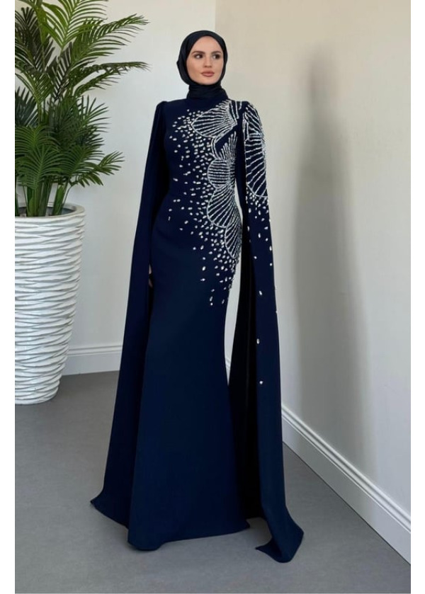 Carla Yandan Taşlı Abiye Lacivert