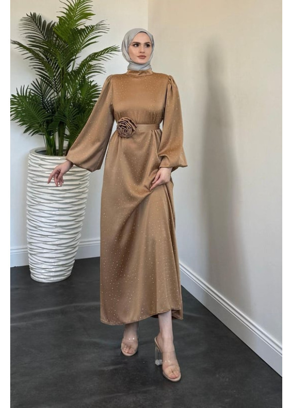 Margherita Taşlı Balon Kol Abiye Cappucino