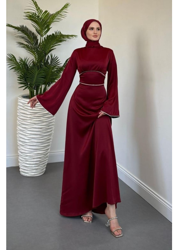 Vlasi Kolu Ve Beli Baget Taşlı Saten Abiye Bordo