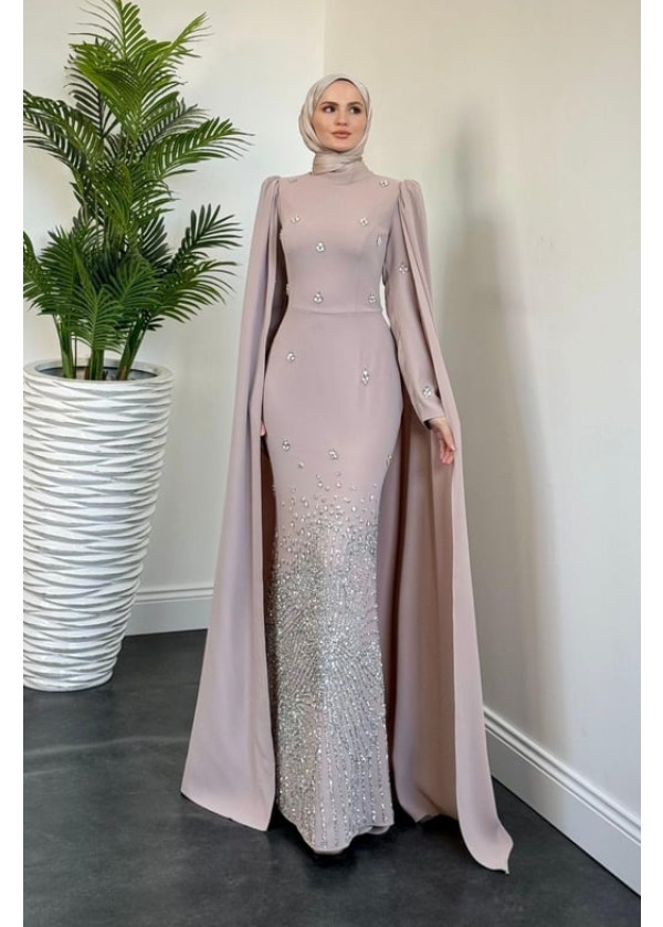 Farah Kolları Pelerinli Abiye Bej