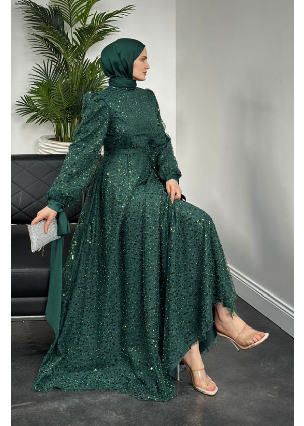 Hilly Kolları Fiyonk Saten Abiye Zümrüt