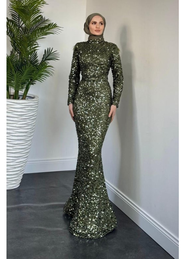 Lalin Payetli Balık Abiye Haki