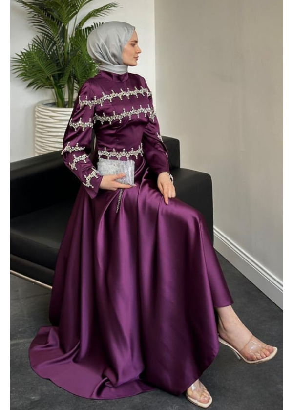 Onsra Taşlı Abiye Mürdüm