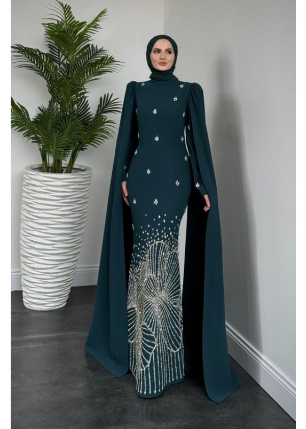 Farah Kolları Pelerinli Abiye Zümrüt