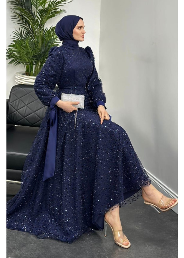 Hilly Kolları Fiyonk Saten Abiye Lacivert