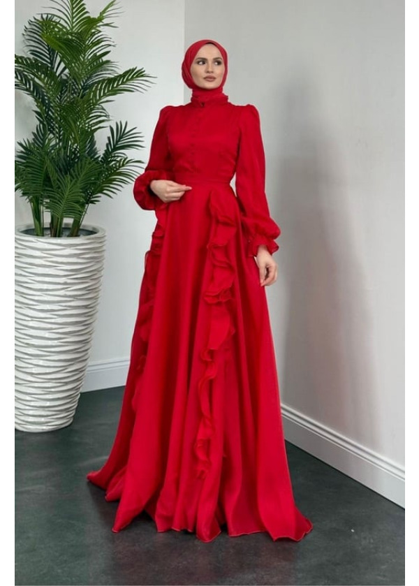 Samira Fırfırlı Janjan Abiye Kırmızı