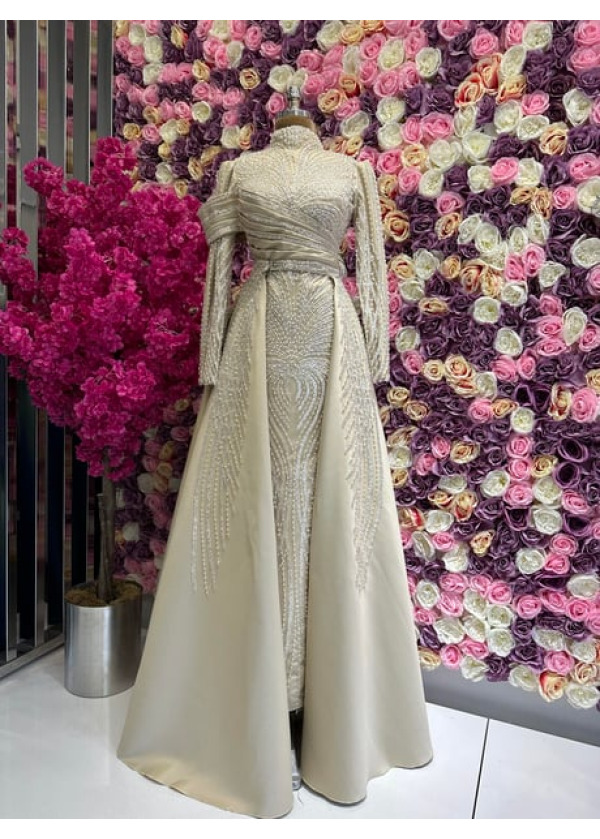 Monica Özel İşlemeli Abiye Bej