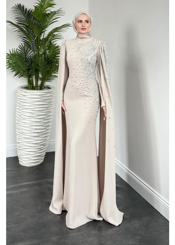 Carla Yandan Taşlı Abiye Krem