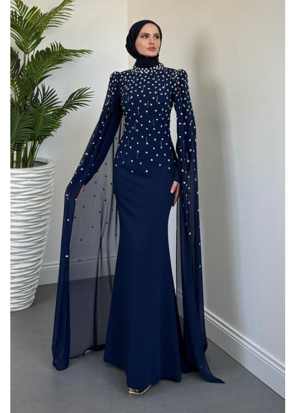Flow Taşlı Pelerinli Abiye Lacivert