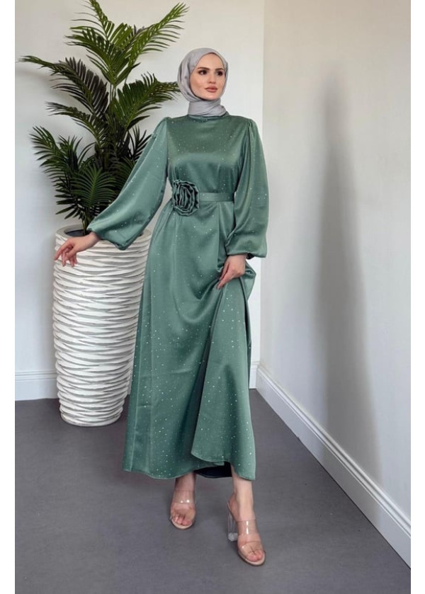 Margherita Taşlı Balon Kol Abiye Mint