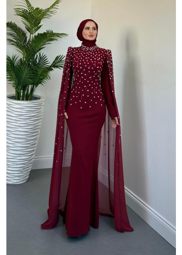 Flow Taşlı Pelerinli Abiye Bordo