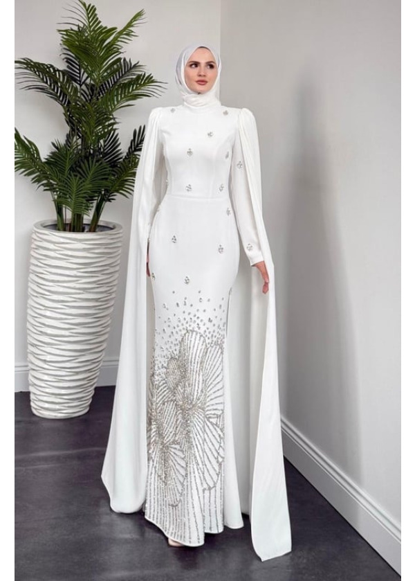 Farah Kolları Pelerinli Abiye Beyaz