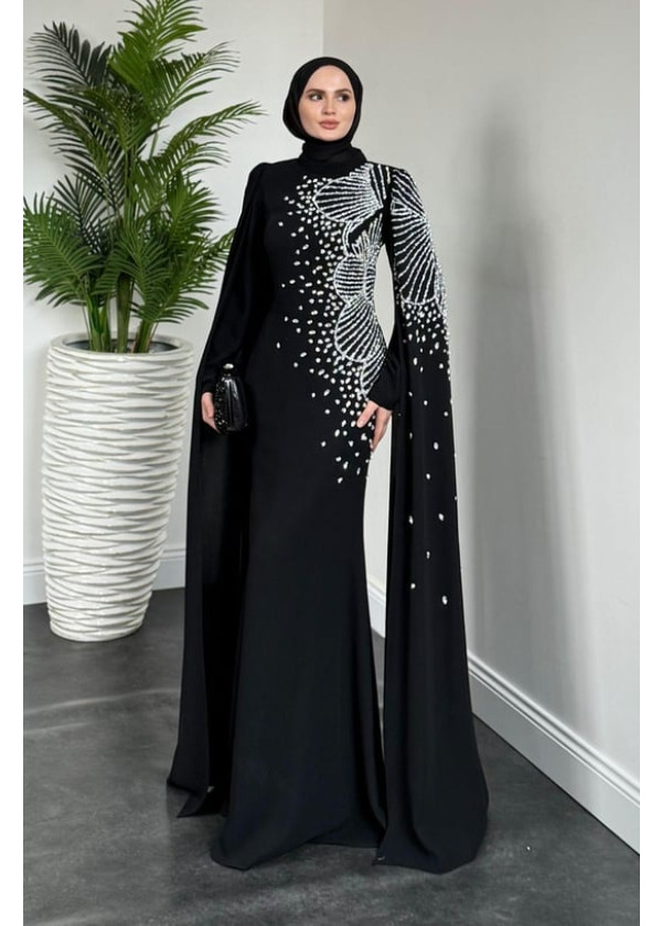 Carla Yandan Taşlı Abiye Siyah