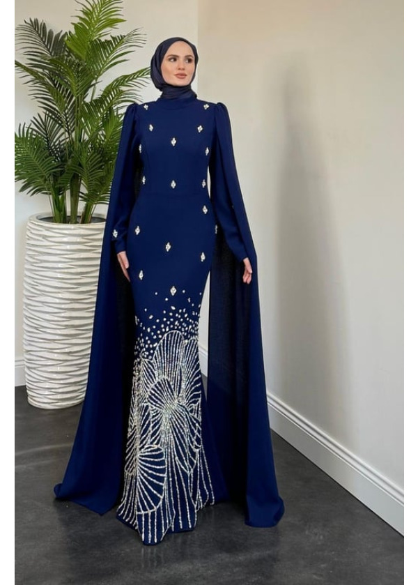 Farah Kolları Pelerinli Abiye İndigo