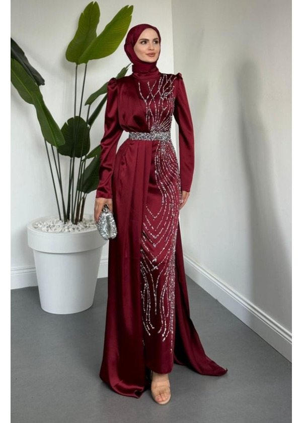 Fery Pelerinli Taşlı Saten Abiye ( TÜM RENKLER MEVCUT )