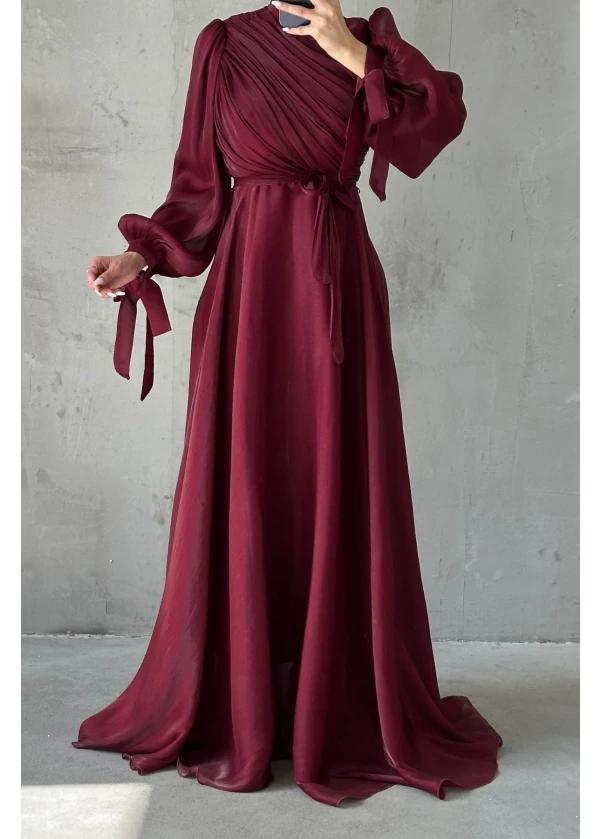 Hera Drapeli Kuşak Detaylı Janjan Kumaş Abiye Bordo