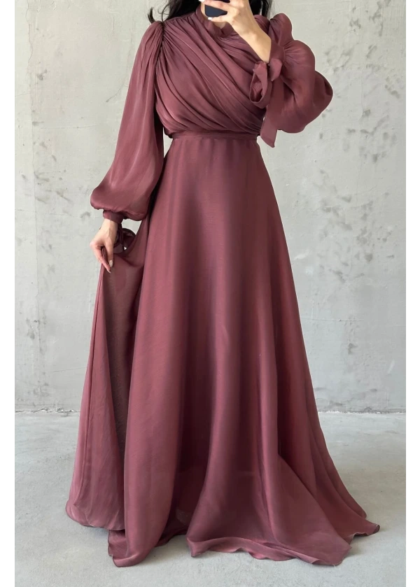  Hera Drapeli Kuşak Detaylı Janjan Kumaş Abiye Kahve