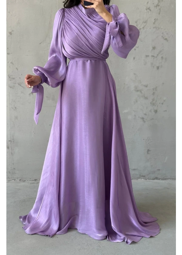  Hera Drapeli Kuşak Detaylı Janjan Kumaş Abiye Lila