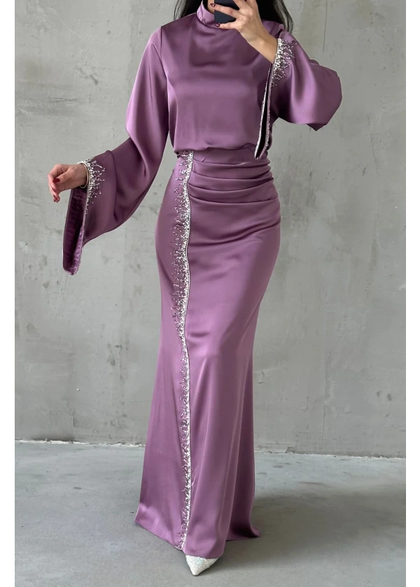 Lissa Dökümlü Kol Işıltılı İşlemeli Saten Abiye Eflatun