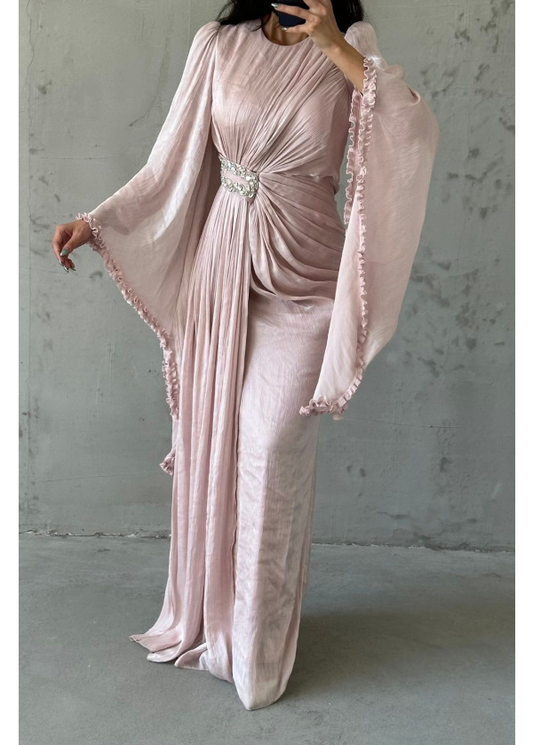 Hera Işıltılı Kol Detaylı Janjan Abiye Pudra